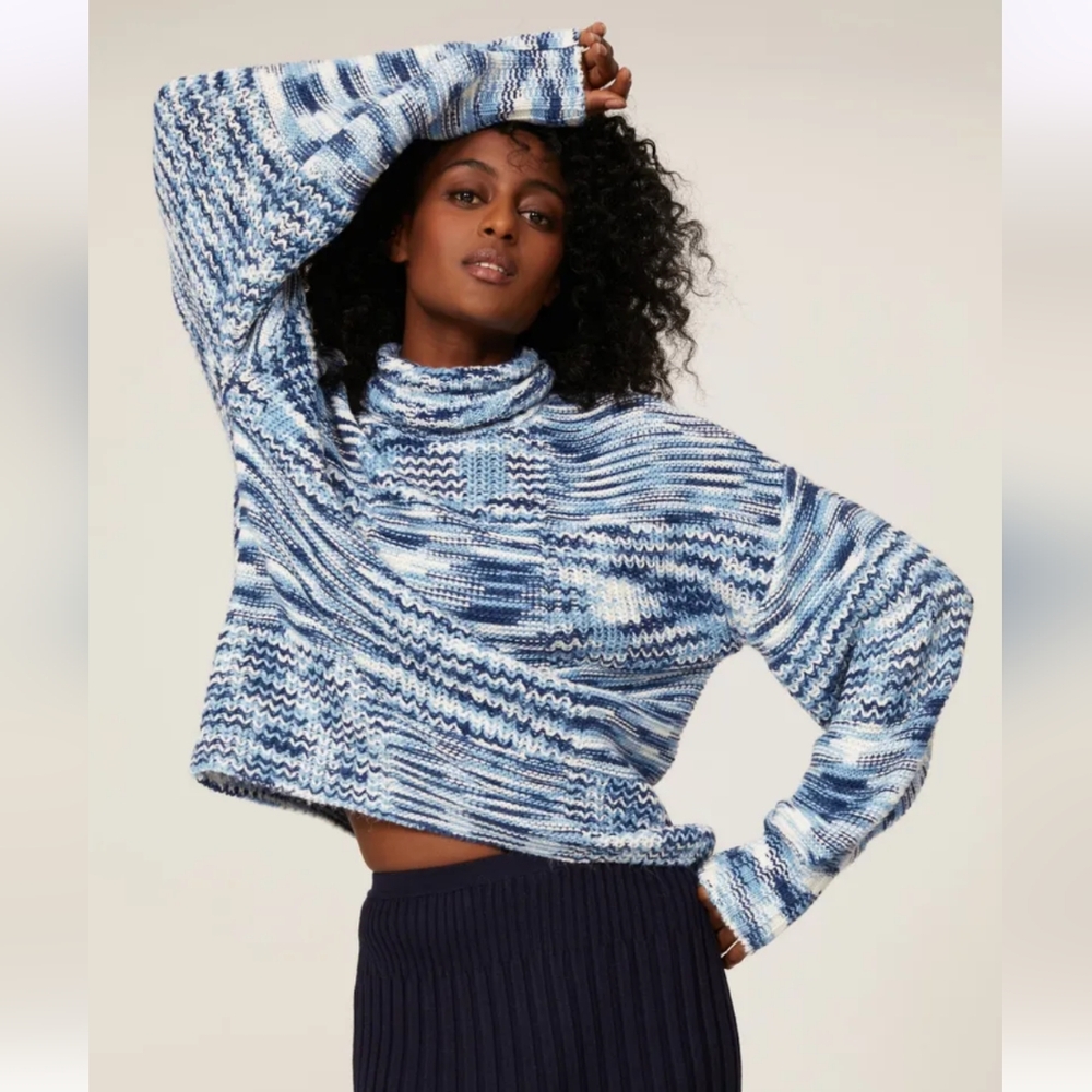 STAUD Blue Multi Knit Cowl Turtleneck Sweater